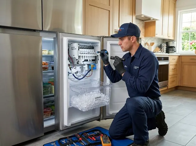 Appliance Repair Hero technician repairing a refrigerator ice maker in Bethel, DE