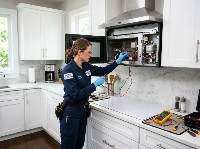 Appliance Repair Hero technician testing an over-the-range microwave in a Bethel, DE kitchen