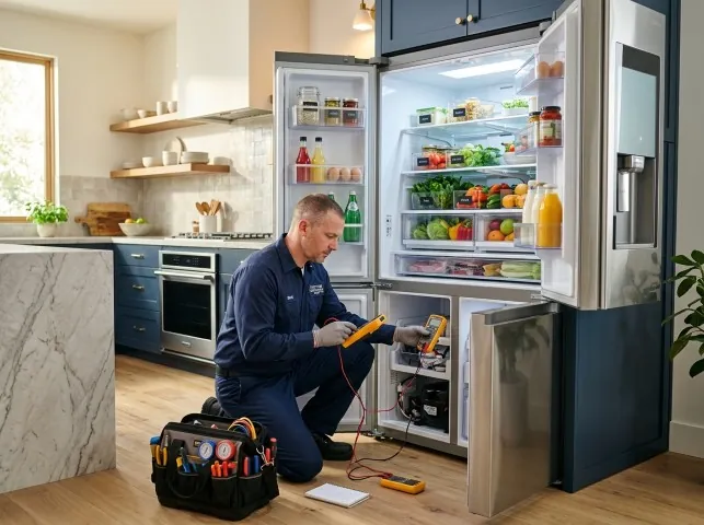 Appliance Repair Hero refrigerator technician testing a fridge on a Bethel, DE service call